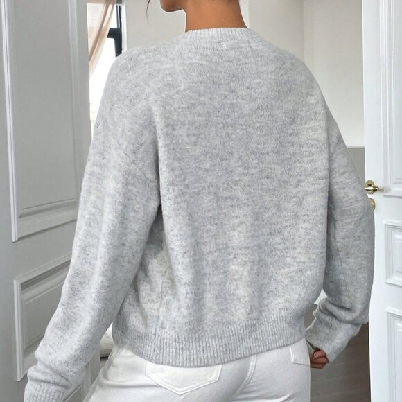 Grey Casual Women's Drop Shoulder Button Front Cardigan - Picture 2 of 7